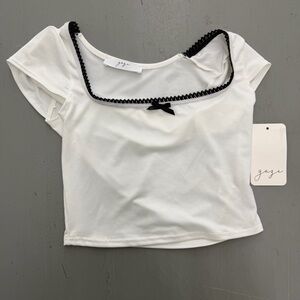 Gaze White Crop Top with Black Trim and Bow